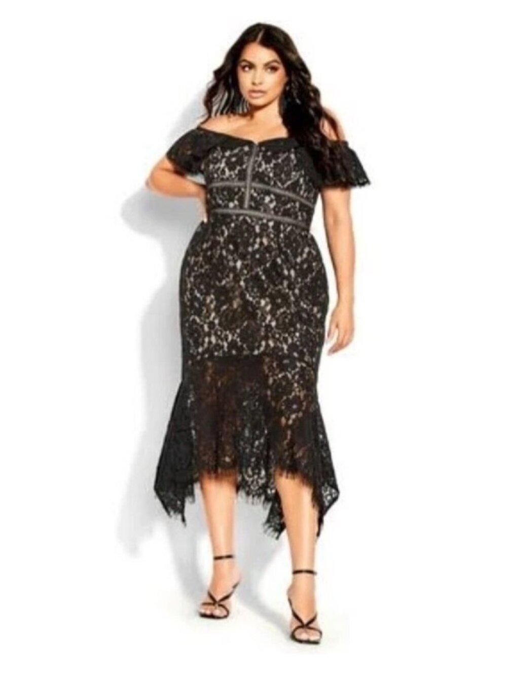 City Chic Off-Shoulder Black Midi Dress Angel Lace Black/Nude